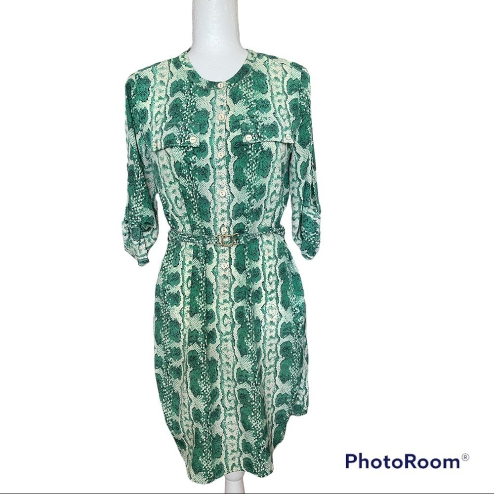 Yoana Baraschi Green Snakeskin Printed belted Shirt Dress 2